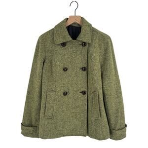 LL Bean Green Tweed Double Breasted Wool Blend Jacket Coat Women’s Size S Small